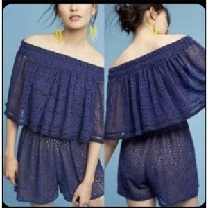 Anthropologie‎ Ranna Gill Tiered Eyelet Off-The-Shoulder Romper Blue Size S